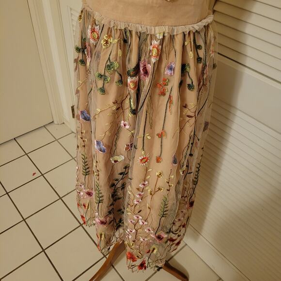 Floral Embroidered Mesh Midi Dress Handmade Beige Sheer Tassel Sleeve XS-S - Picture 3 of 8
